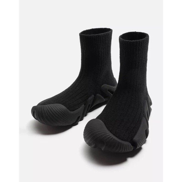 ZARA Men Sock Knit Fabric High-Top Sneakers Black Size US 9 EUR 42 - Picture 1 of 15